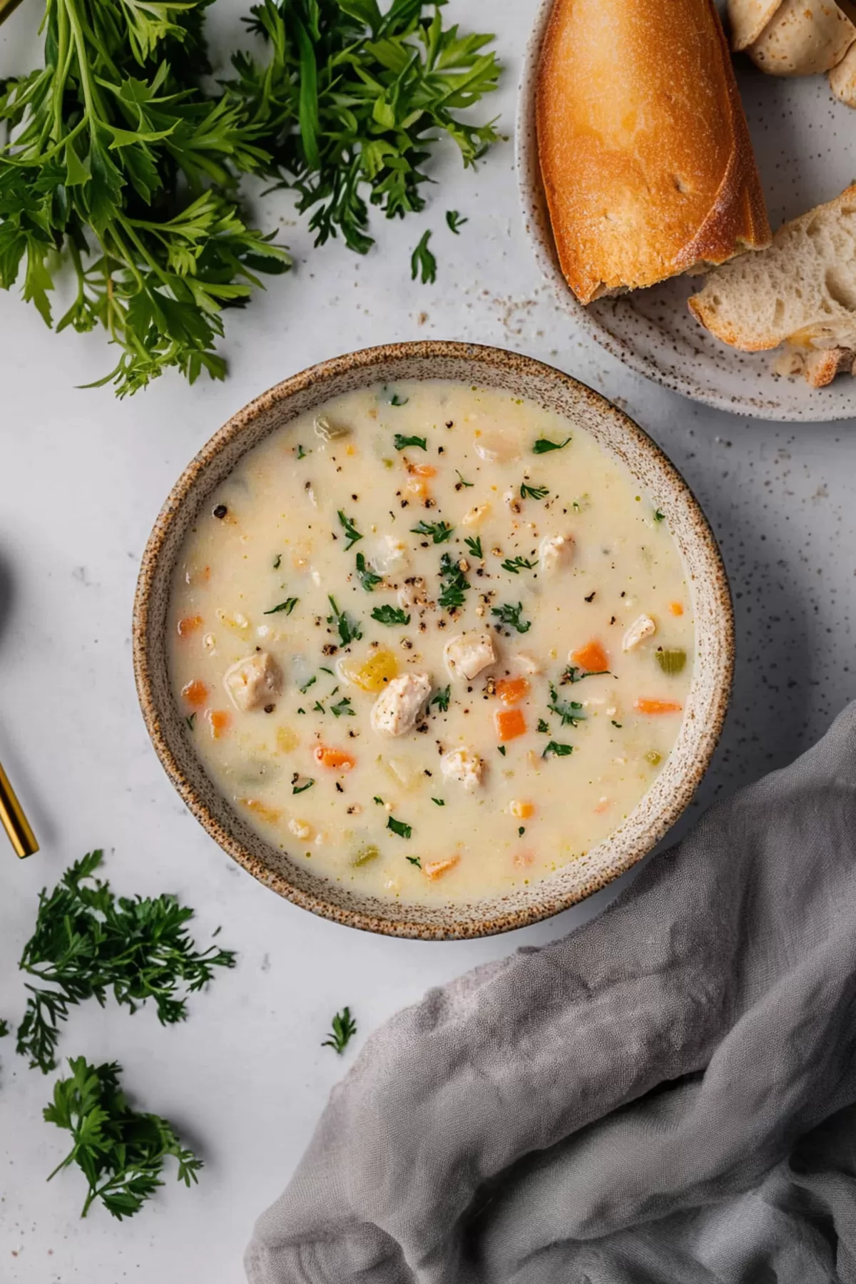 A rustic bowl of chowder showcasing its rich broth and hearty ingredients.