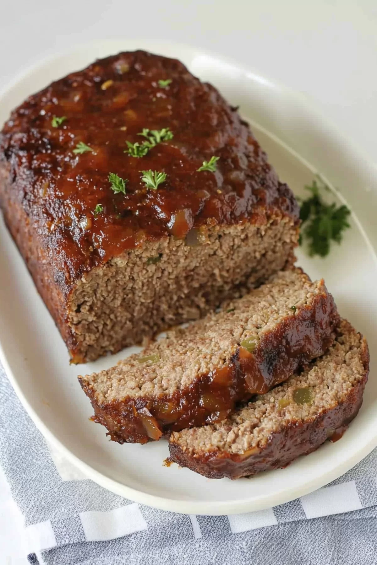 A beautifully sliced meatloaf served on a white platter, glazed with tangy sauce and garnished with fresh parsley.