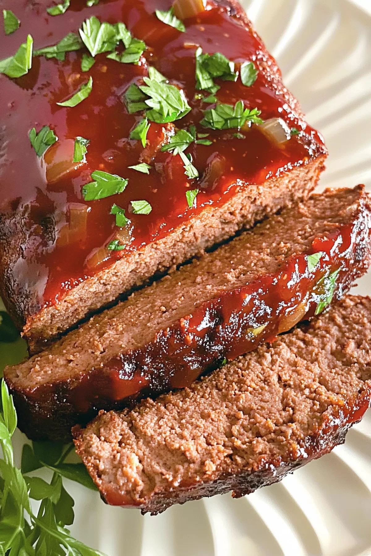 Close-up of the juicy and tender meatloaf topped with a rich, glossy glaze, ready to serve.