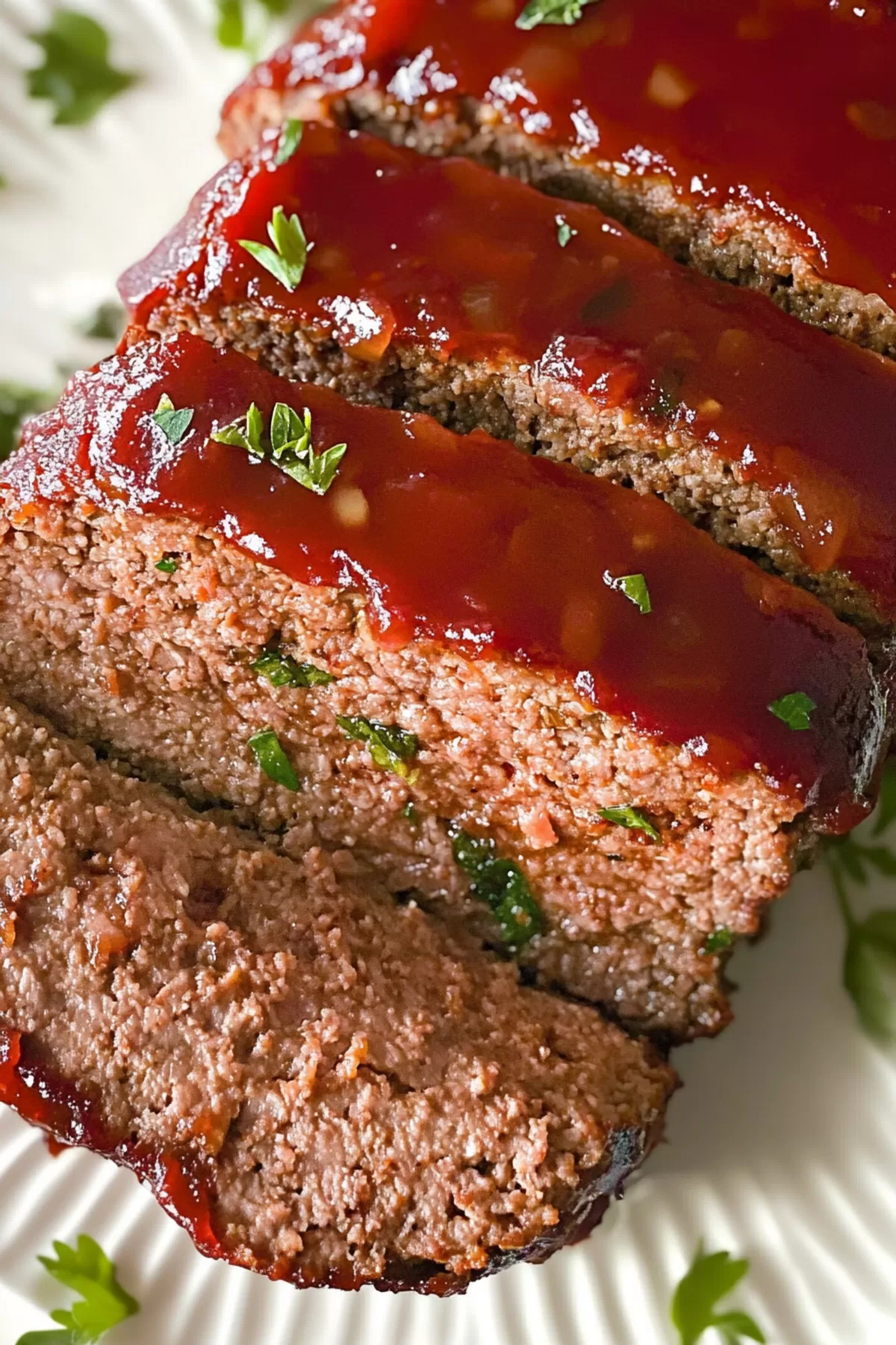 A freshly baked meatloaf with a caramelized glaze, sliced and plated for a hearty meal.