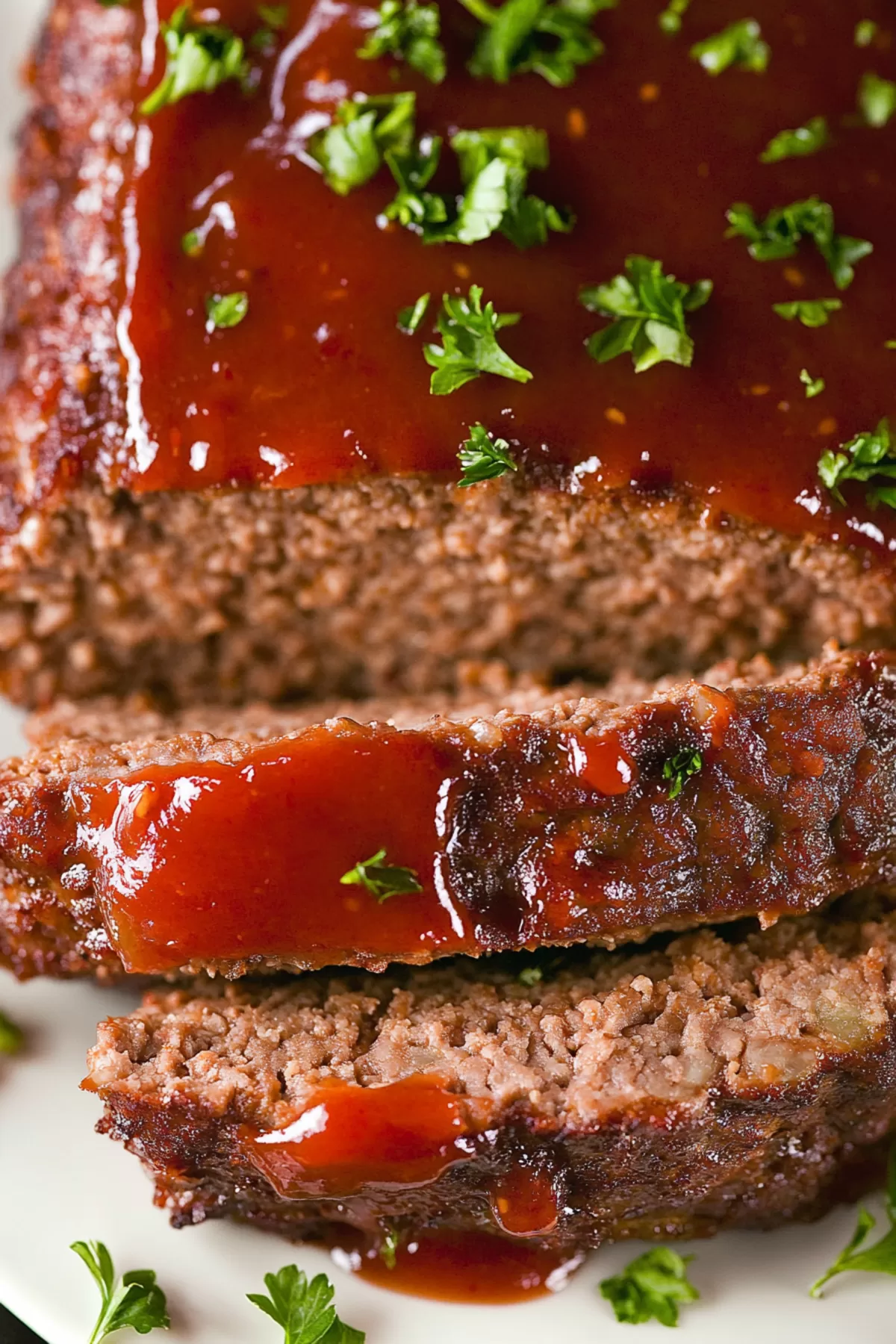 A classic meatloaf with a golden crust, topped with herbs and a flavorful tomato-based glaze.