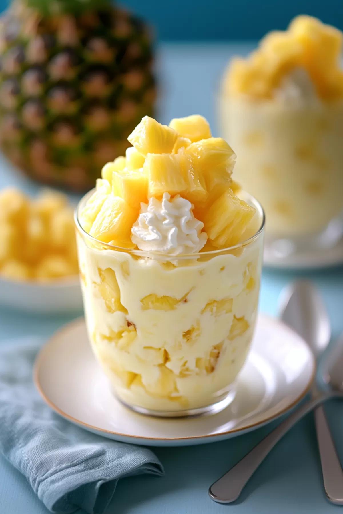 A bite of creamy pineapple dessert on a fork against a summery background.