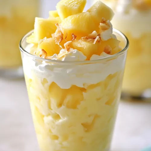 Fresh pineapple dessert garnished with a sprinkle of shredded coconut.