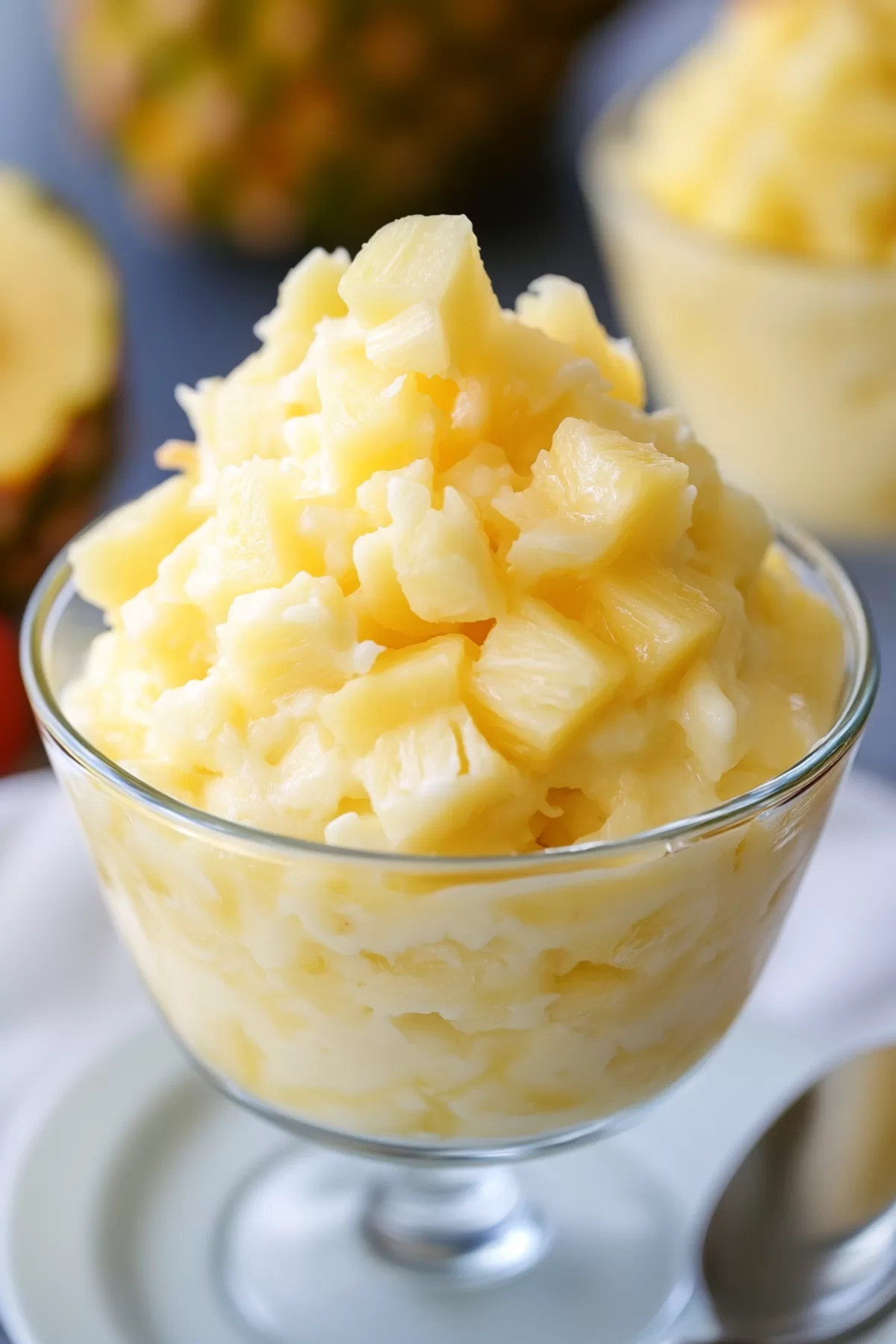 Pineapple dessert in a clear dish, showcasing layers of creamy filling and fruit.