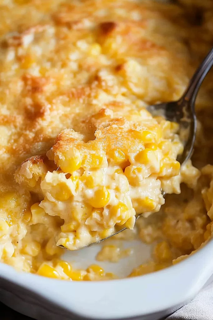 Golden, creamy scalloped corn with a crunchy breadcrumb topping, fresh out of the oven.