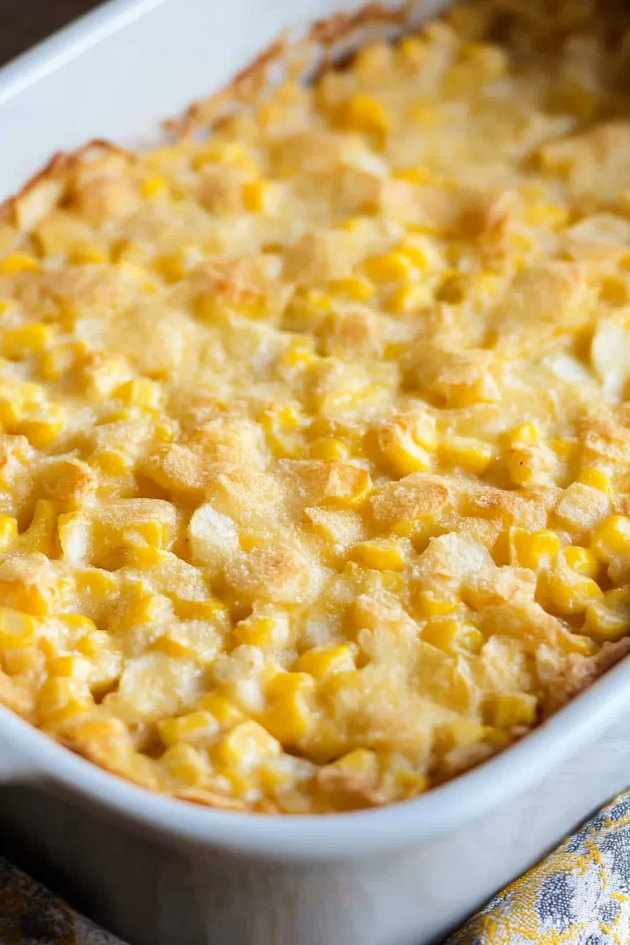 Close-up of scalloped corn served in a baking dish, showcasing the rich, creamy layers.