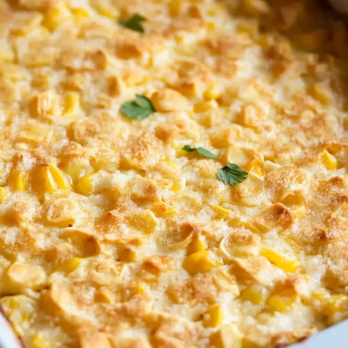 Portion of scalloped corn on a plate, highlighting the crispy top and soft, tender corn underneath.