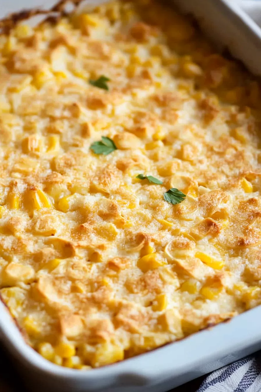 Portion of scalloped corn on a plate, highlighting the crispy top and soft, tender corn underneath.