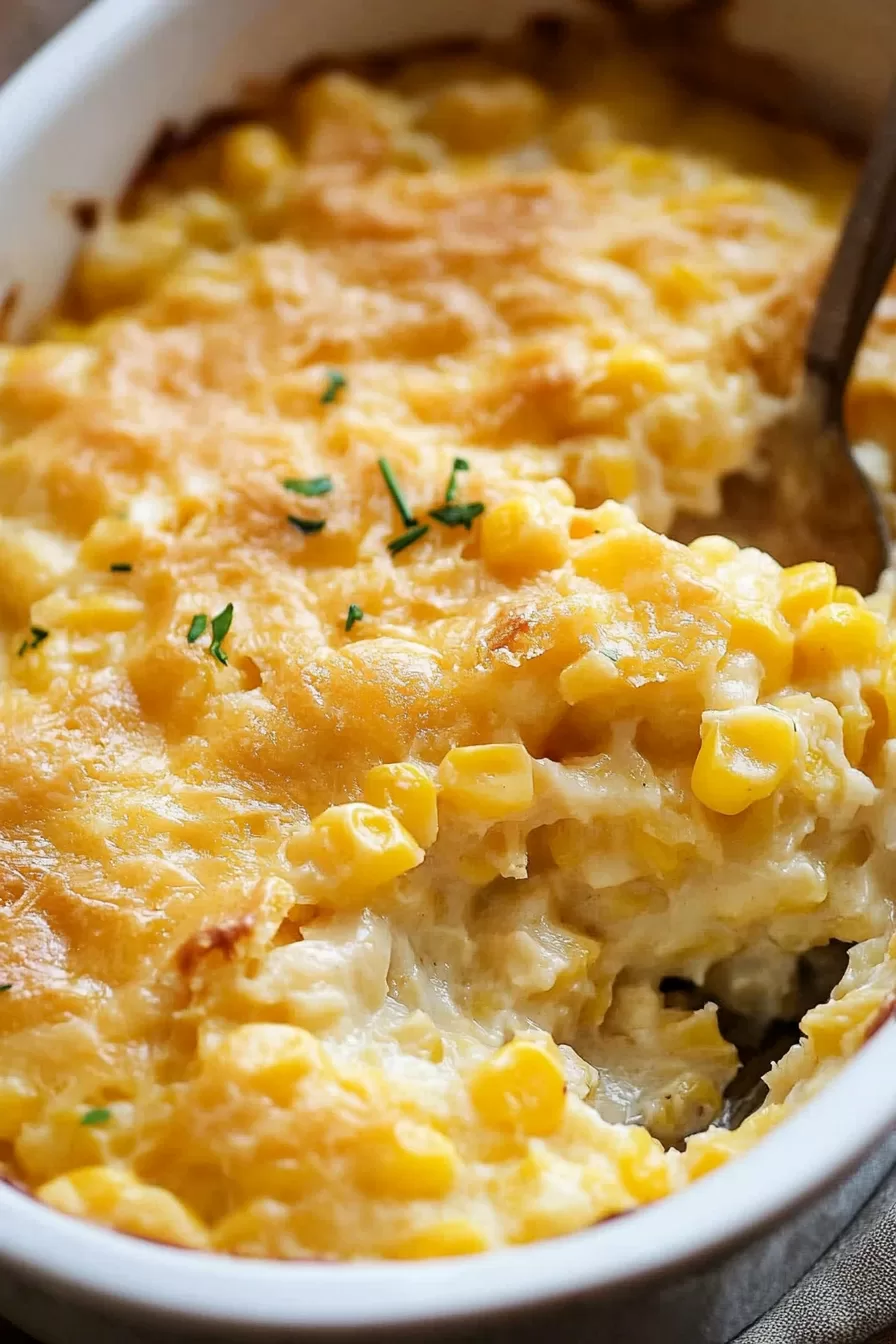 Baked scalloped corn in a rustic dish, garnished with fresh herbs for a comforting side dish.