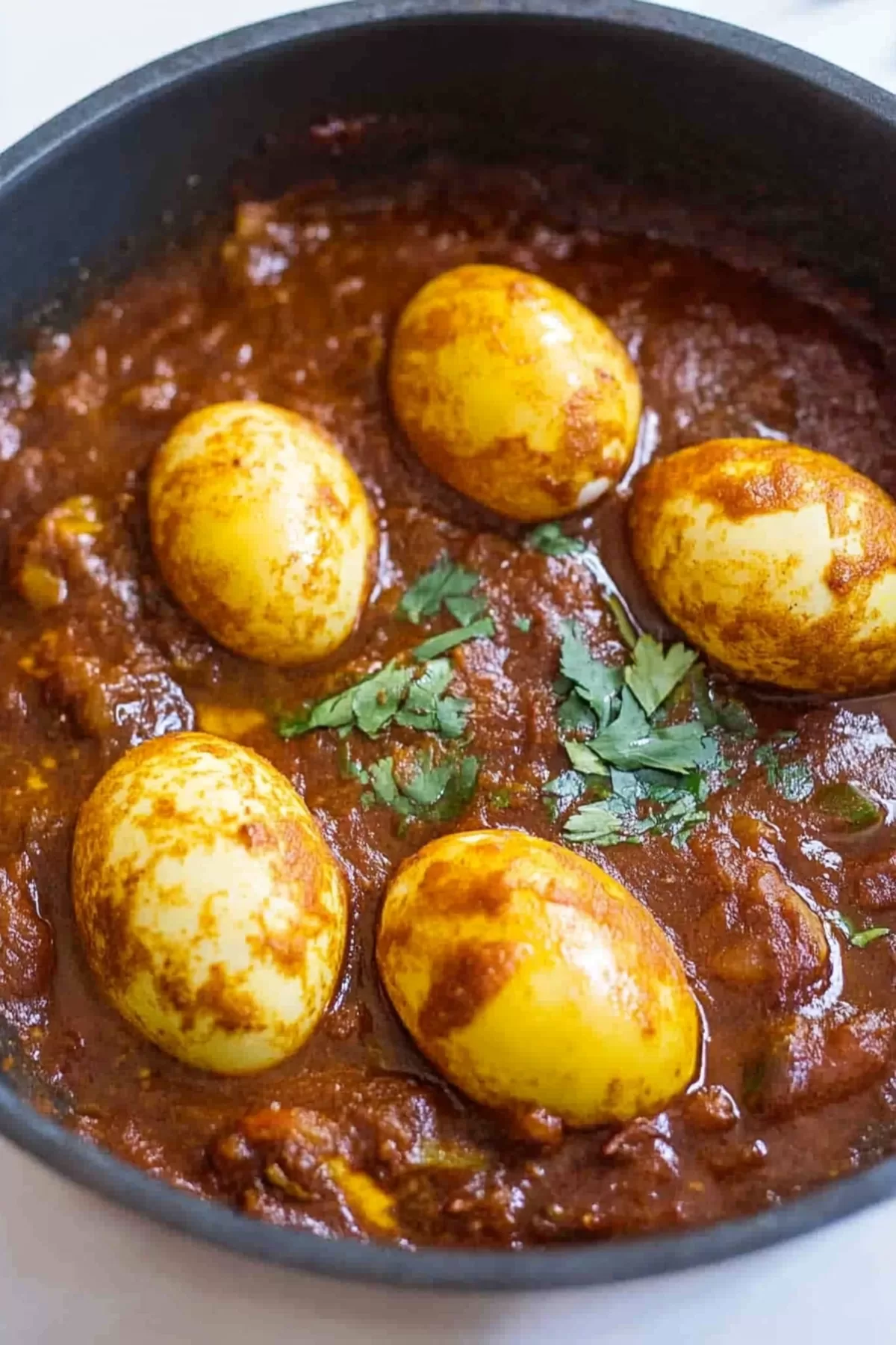 A rustic bowl of rich, spiced curry with boiled eggs and fresh cilantro garnish.