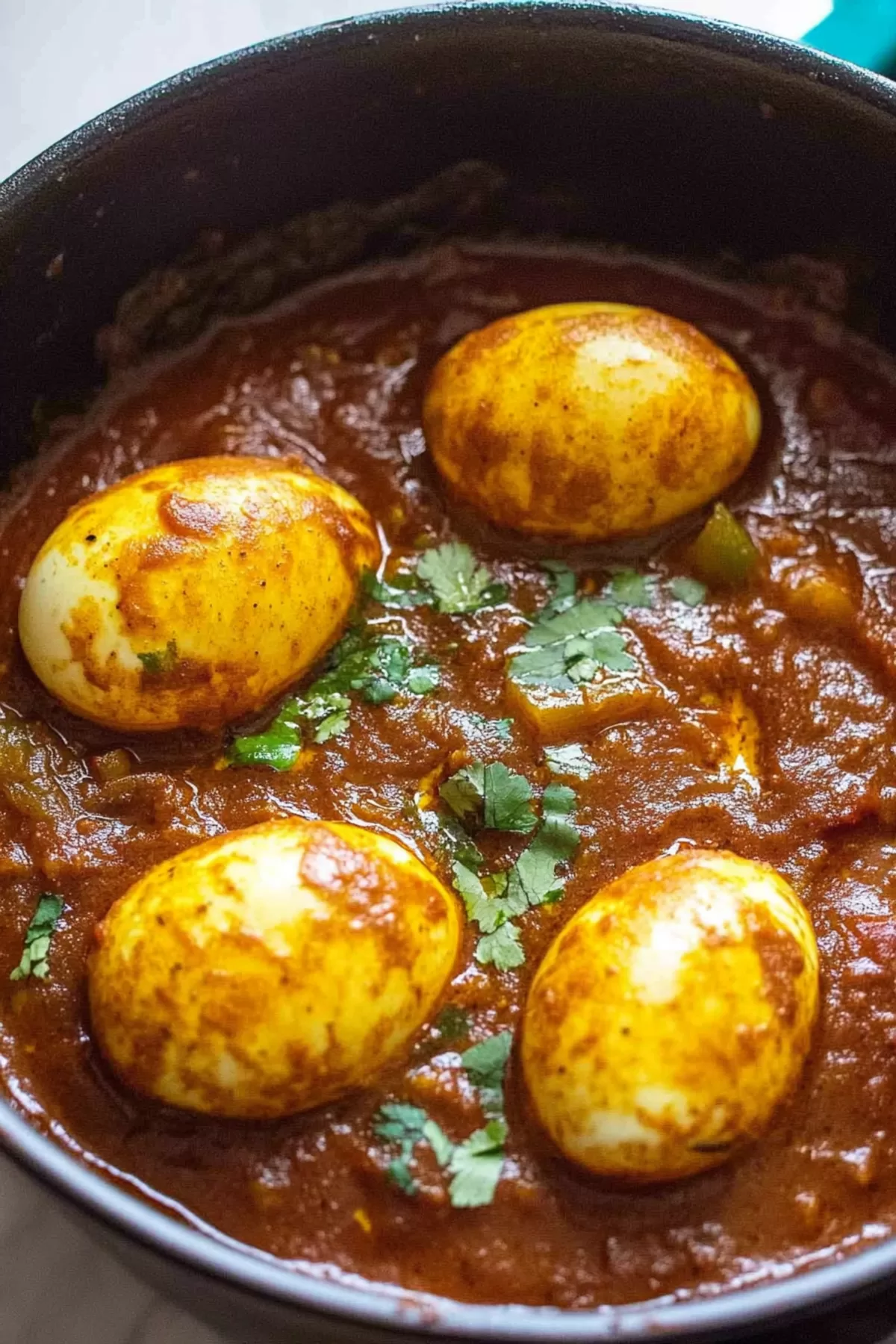 A hearty dish featuring golden curry sauce with perfectly cooked eggs and a touch of fresh herbs.