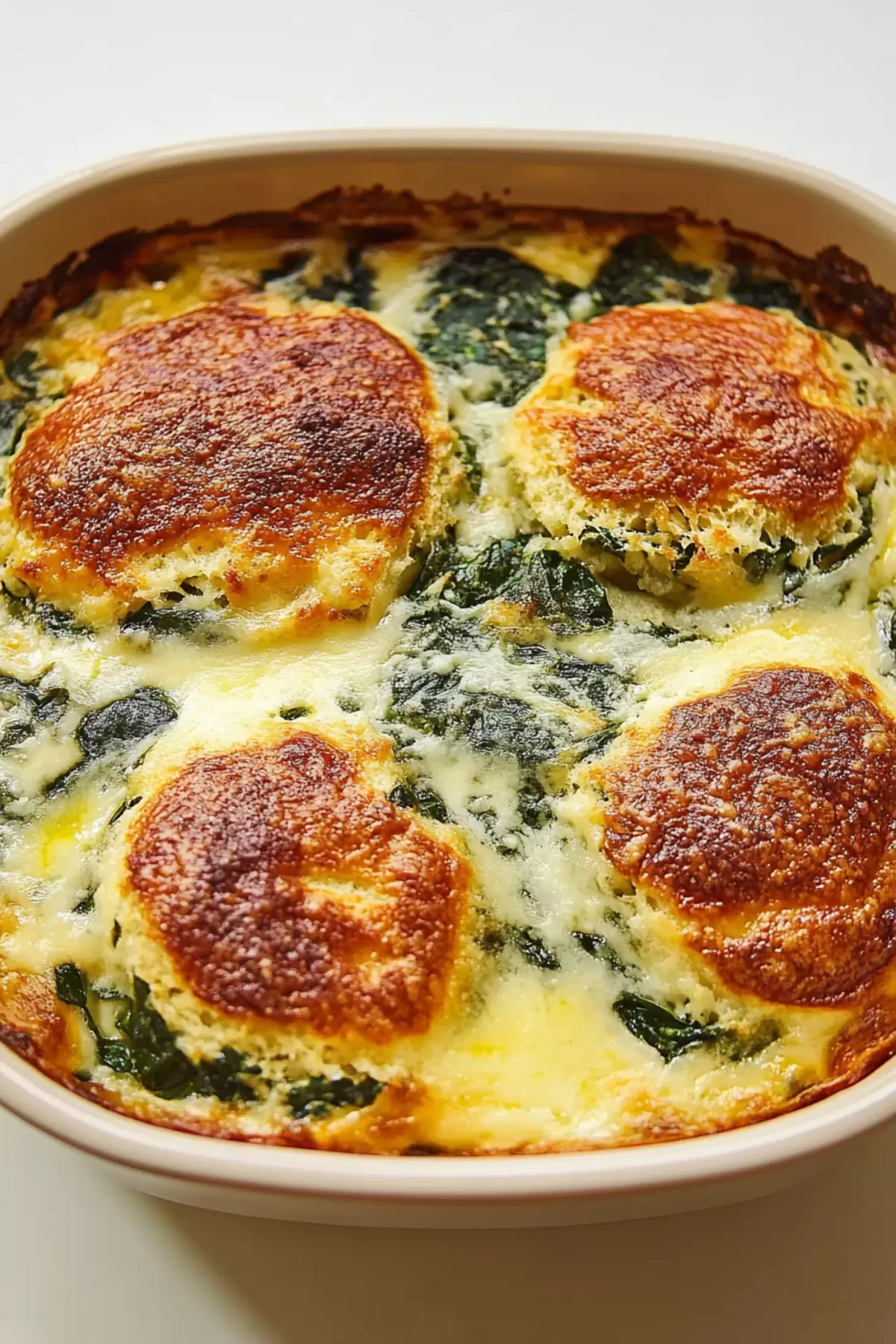 A close-up of a slice of casserole on a plate, showcasing layers of fluffy eggs, spinach, and gooey cheese.