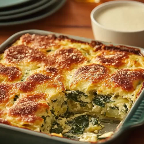 A golden-brown breakfast casserole topped with melted cheese and spinach, served in a white baking dish.