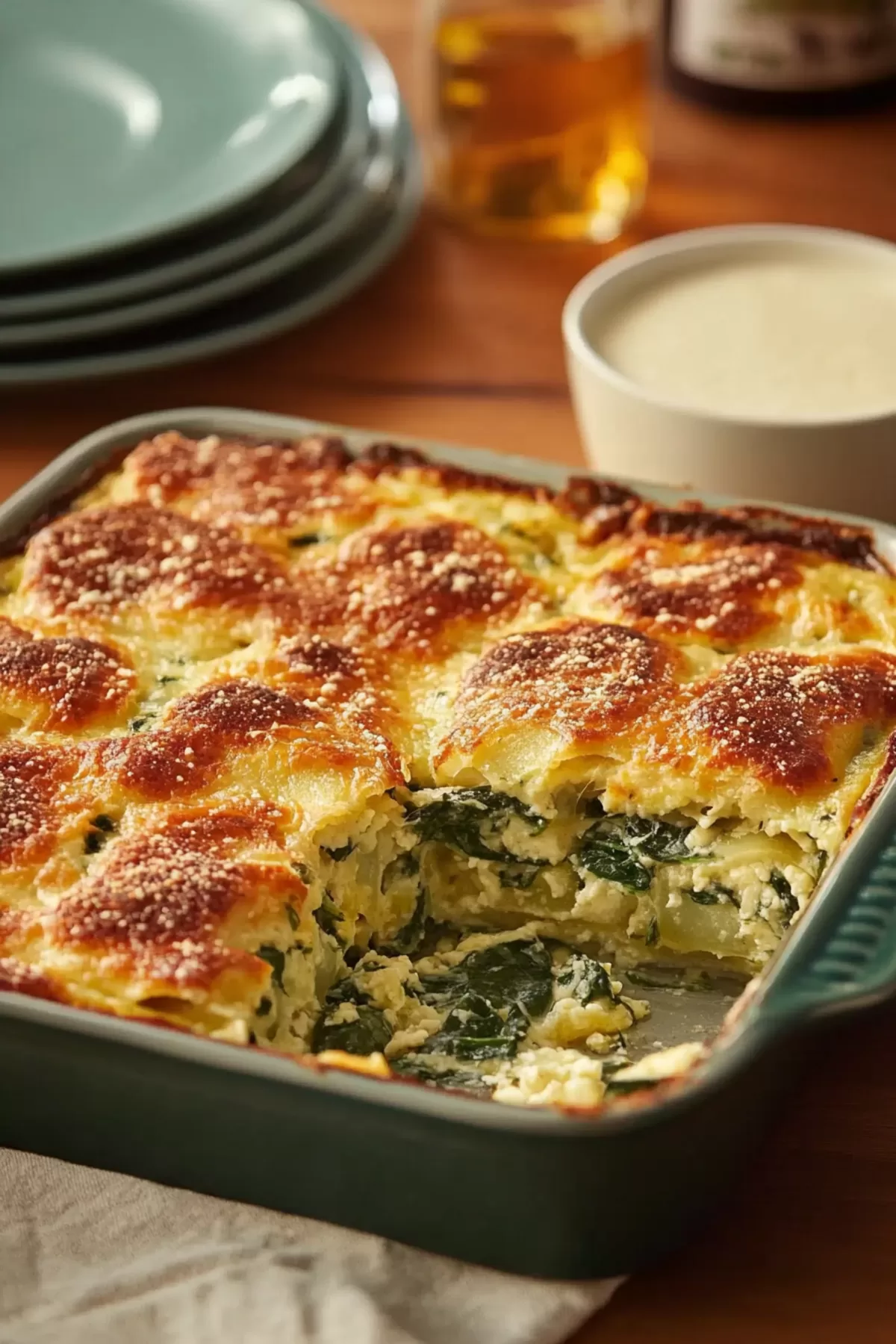 A golden-brown breakfast casserole topped with melted cheese and spinach, served in a white baking dish.