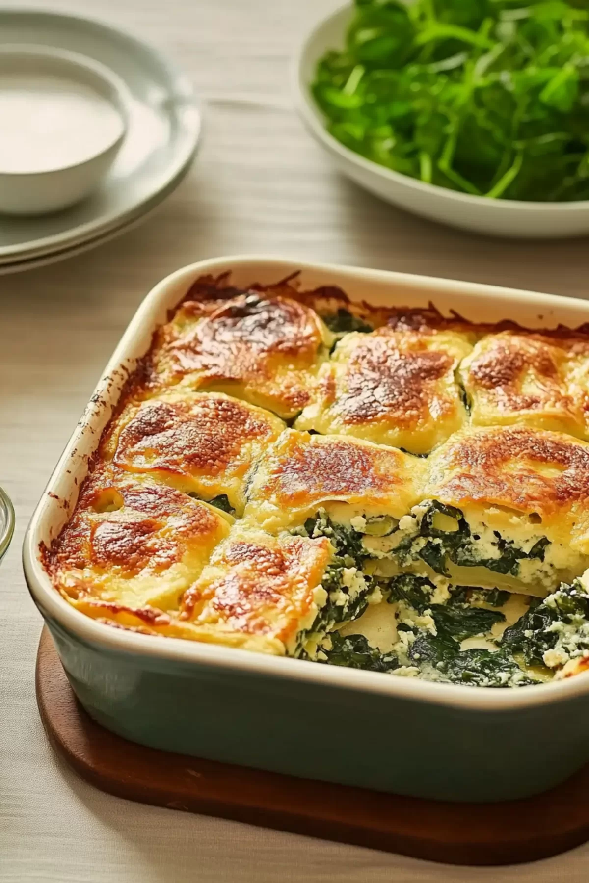 A baking dish filled with a freshly baked breakfast casserole, garnished with fresh herbs and ready to serve.