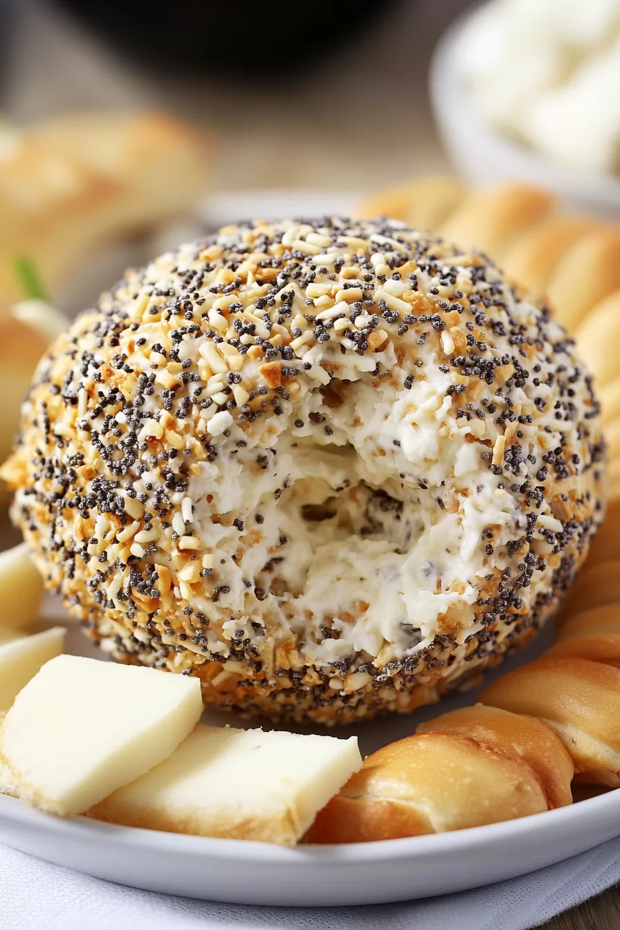 A cheese ball coated in everything bagel seasoning, surrounded by slices of bread and crackers.