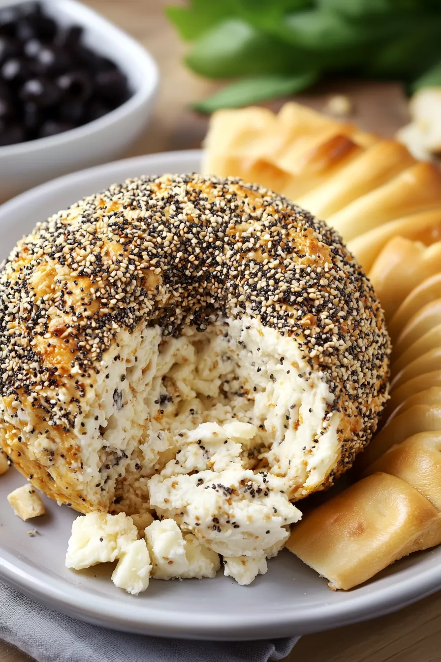 Close-up of a creamy cheese ball covered in poppy seeds, sesame seeds, and garlic flakes.