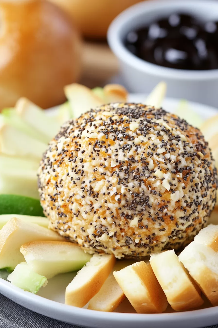 A savory cheese ball rolled in everything bagel spices, served with dippable bites.