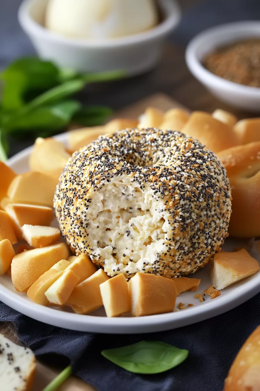 Round cheese ball coated in a crunchy everything bagel topping, perfect for a party spread.