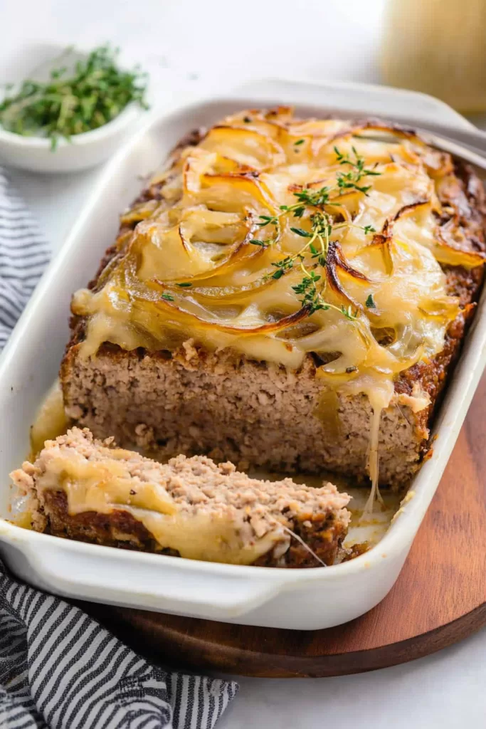 A slice of moist meatloaf topped with caramelized onions and melted cheese.