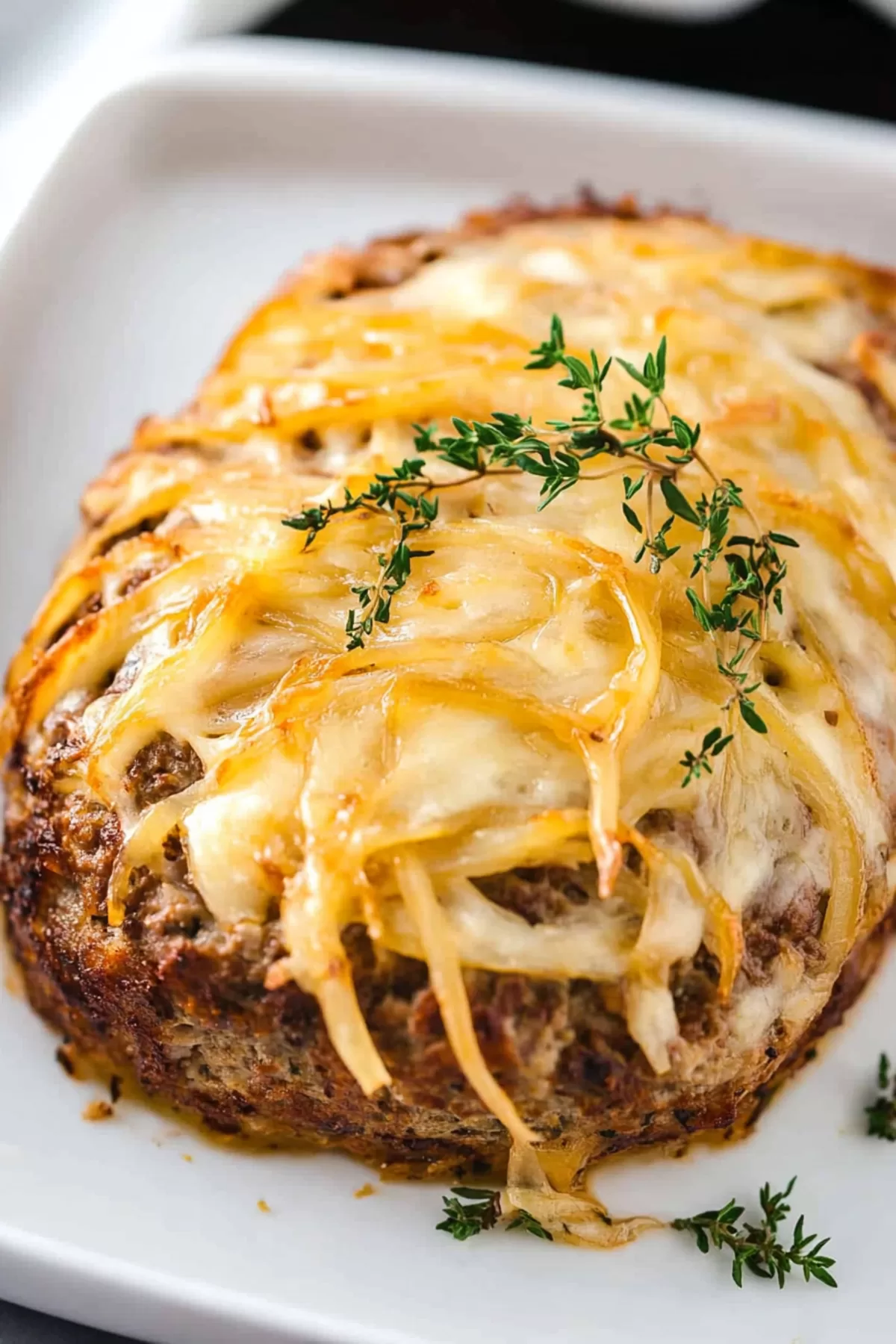 Close-up of a savory meatloaf with a golden, cheesy crust and rich onion topping.