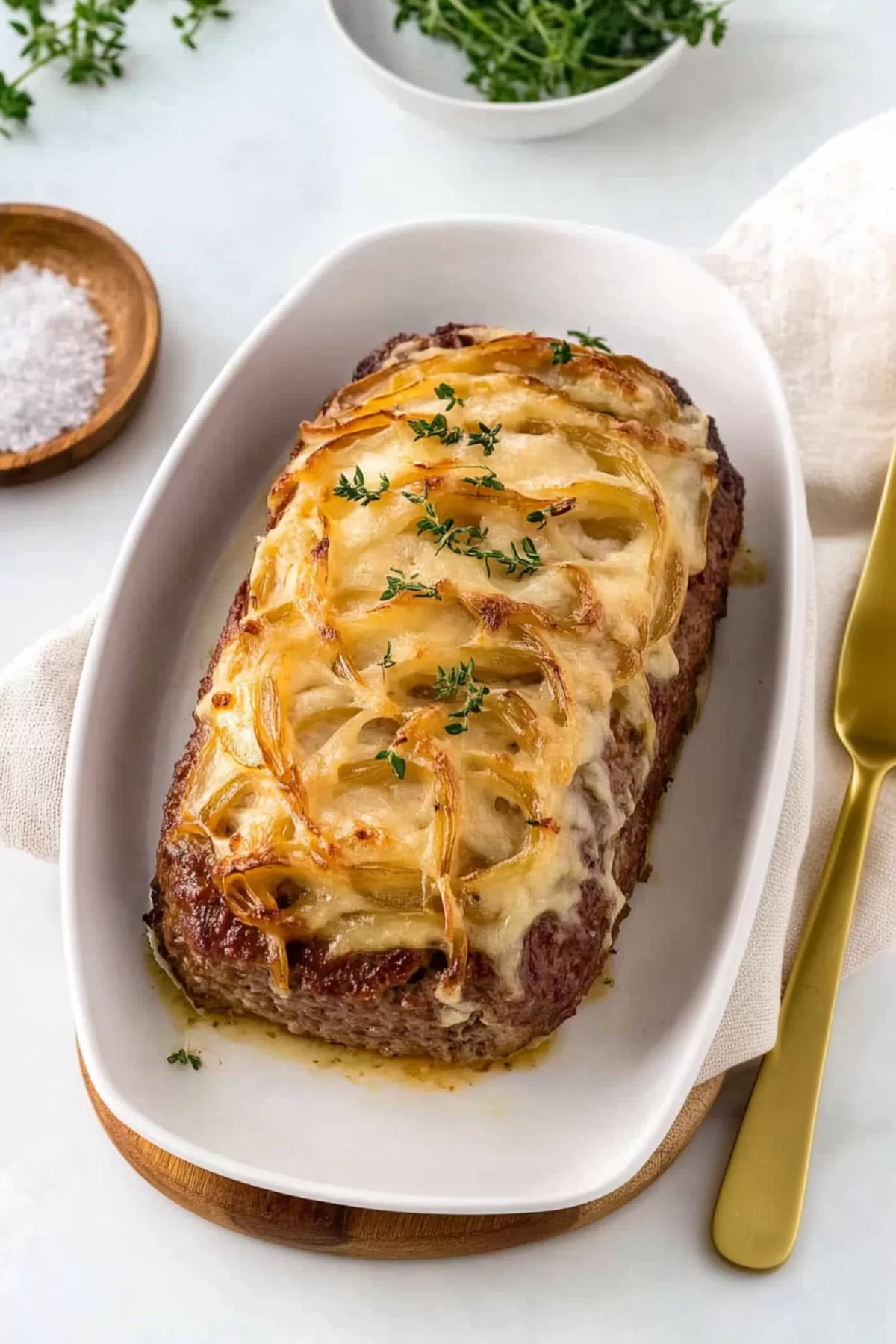 Rustic meatloaf garnished with fresh parsley and served on a plate with gravy.