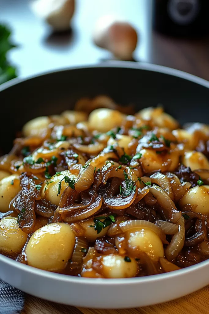 A close-up of creamy pasta coated in a rich onion sauce, topped with melted cheese.