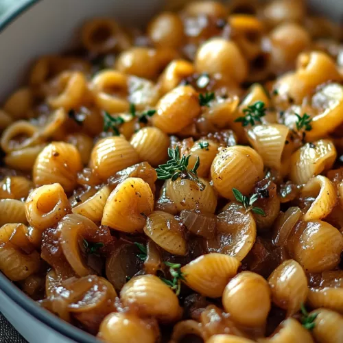 A serving bowl filled with golden, cheesy pasta, sprinkled with fresh parsley.