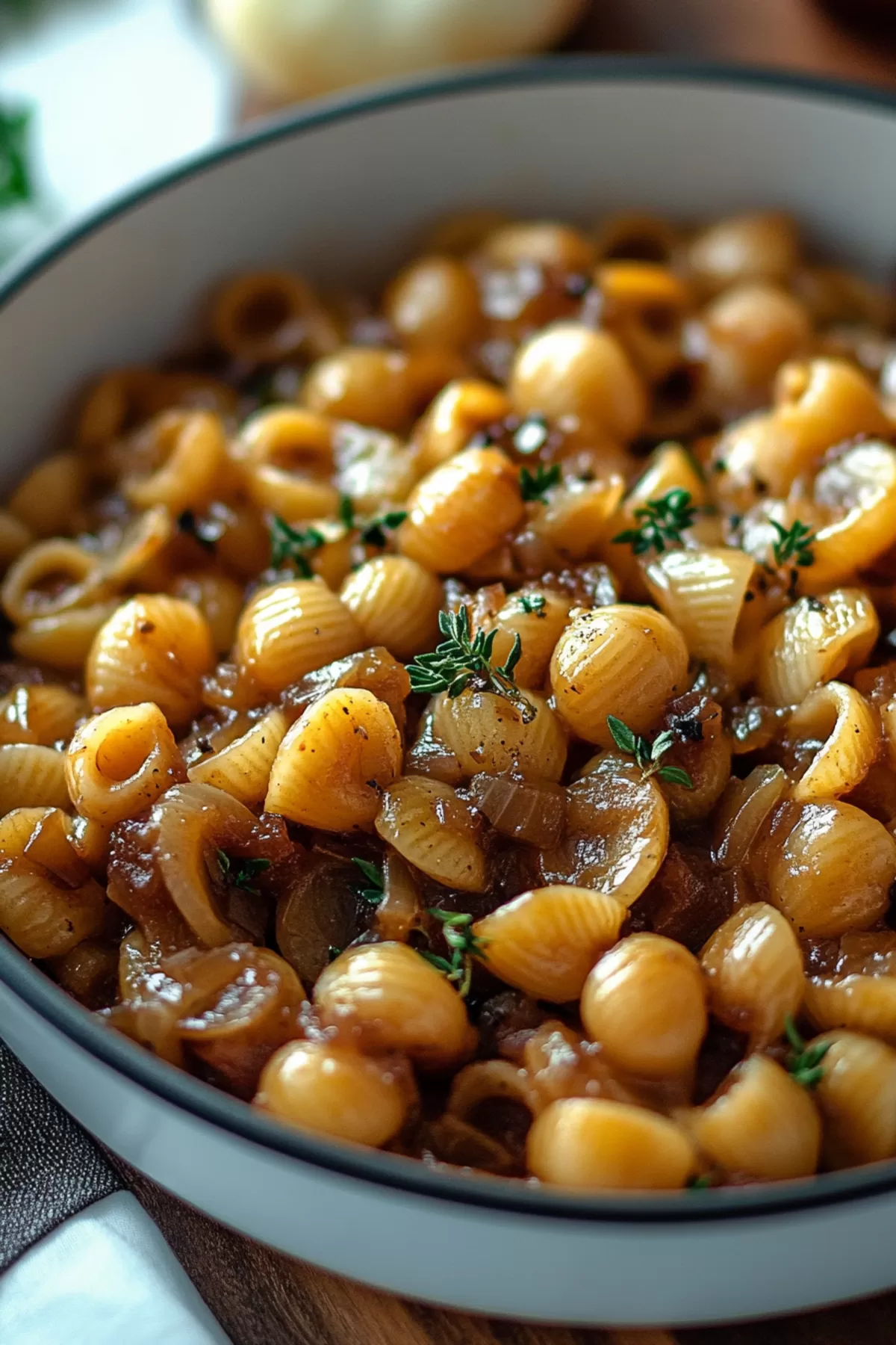 A serving bowl filled with golden, cheesy pasta, sprinkled with fresh parsley.