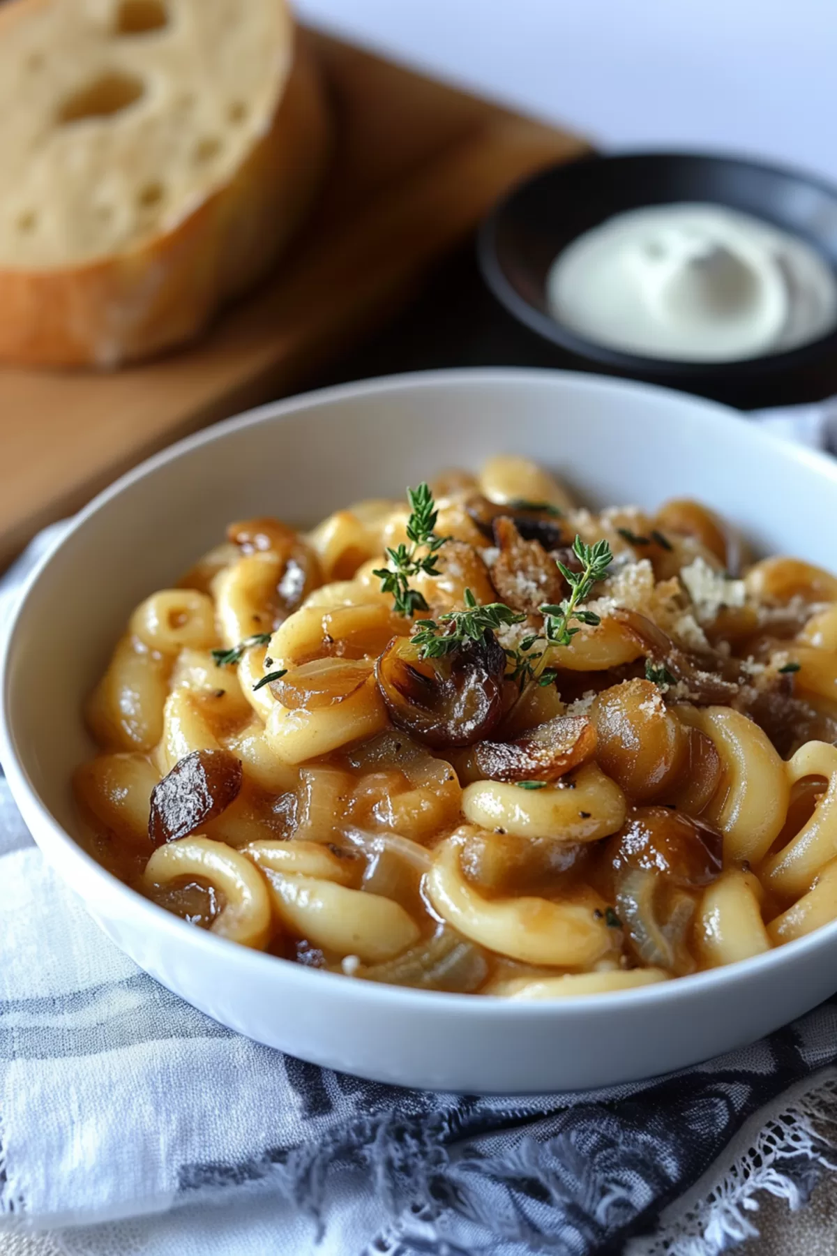 A cozy dinner setting featuring a plate of French onion-inspired pasta, ready to be enjoyed.