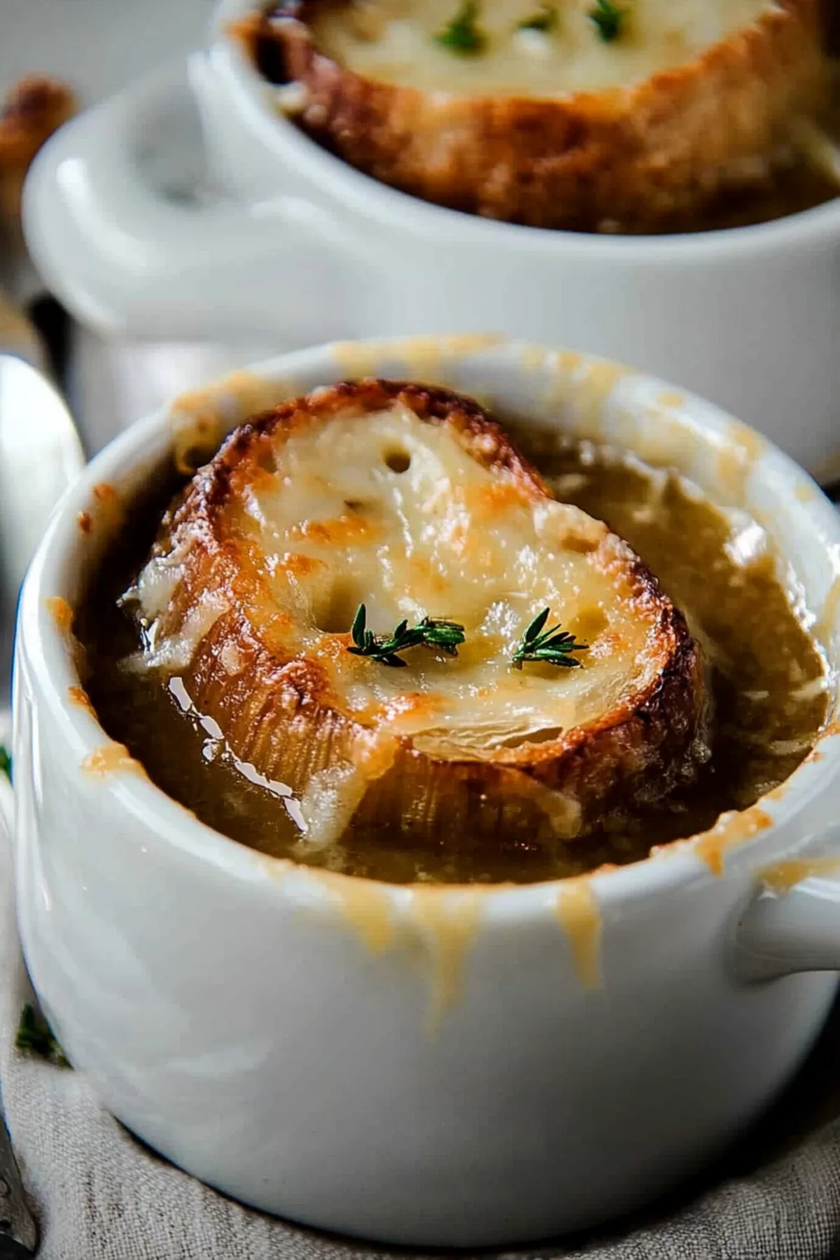 Close-up of a comforting bowl of caramelized onions in a rich, flavorful broth.