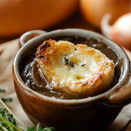 A rustic serving of soup garnished with fresh herbs, showcasing its hearty texture.