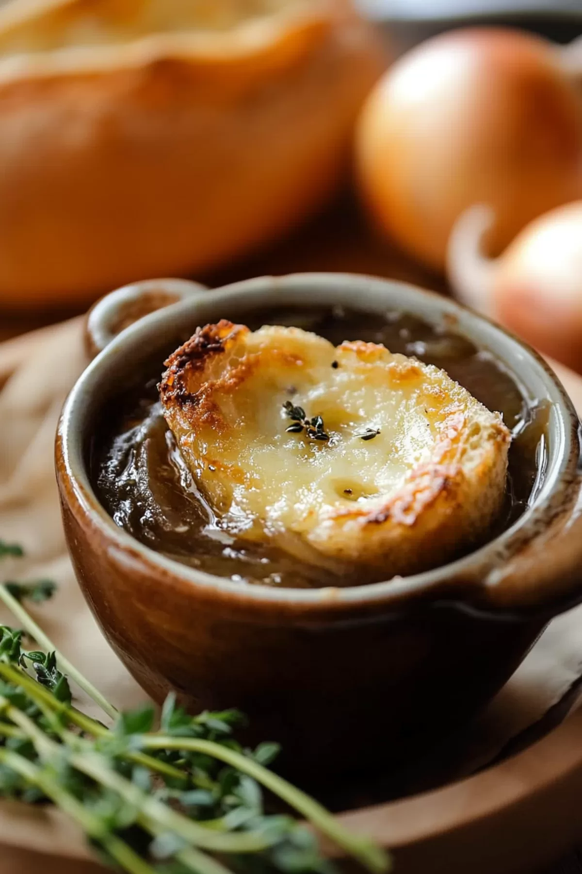 A rustic serving of soup garnished with fresh herbs, showcasing its hearty texture.