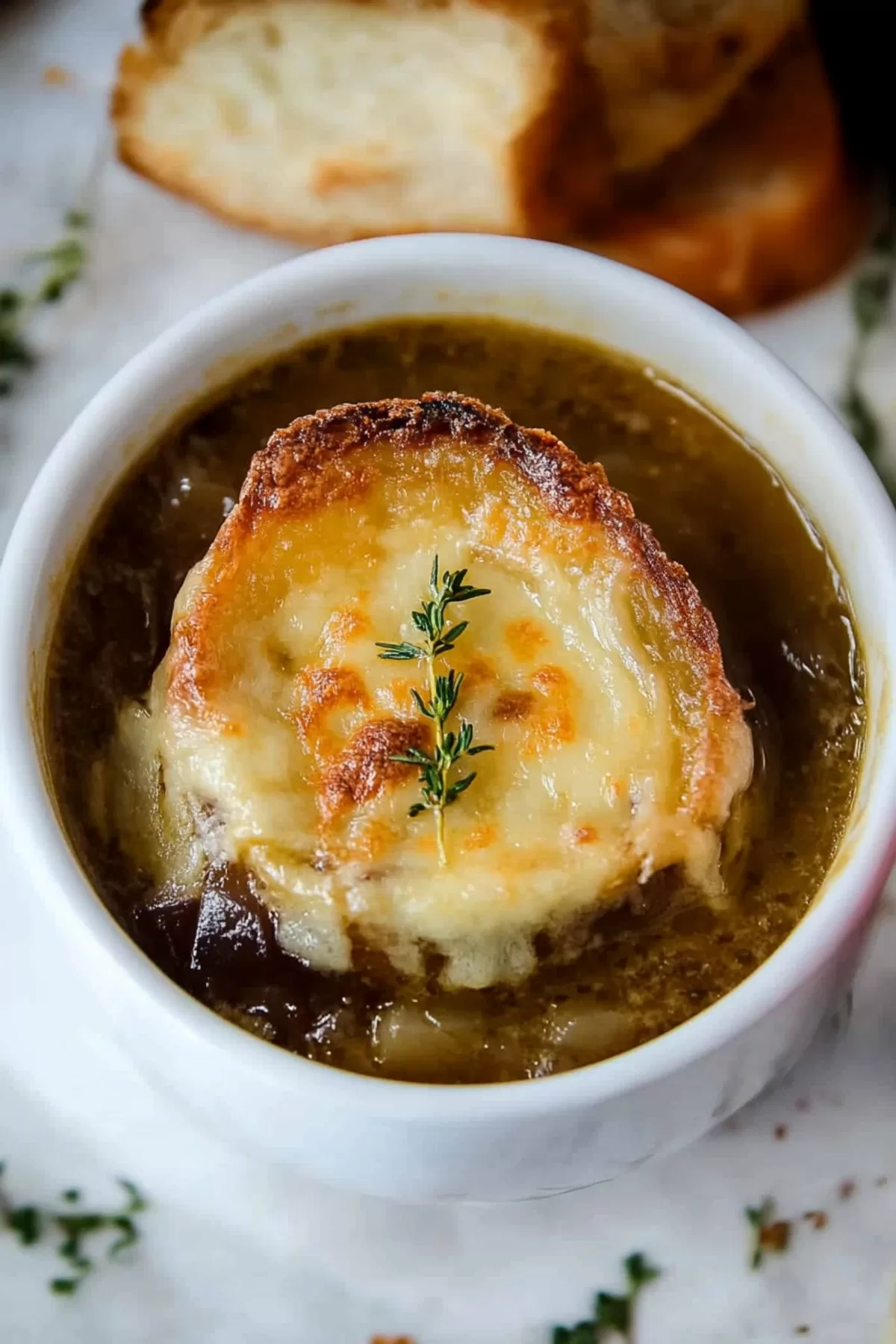 A classic baked soup with bubbling cheese and crispy bread, perfect for cozy evenings.