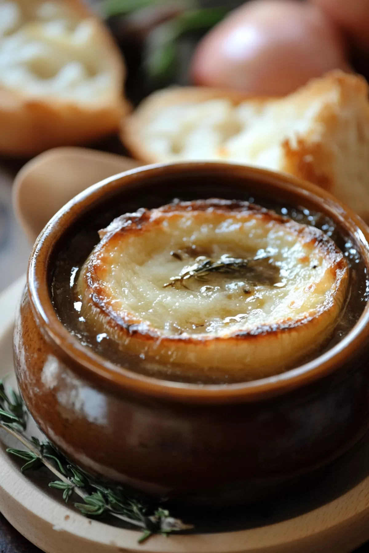 A warm bowl of soup topped with golden, melted cheese and a slice of toasted bread.