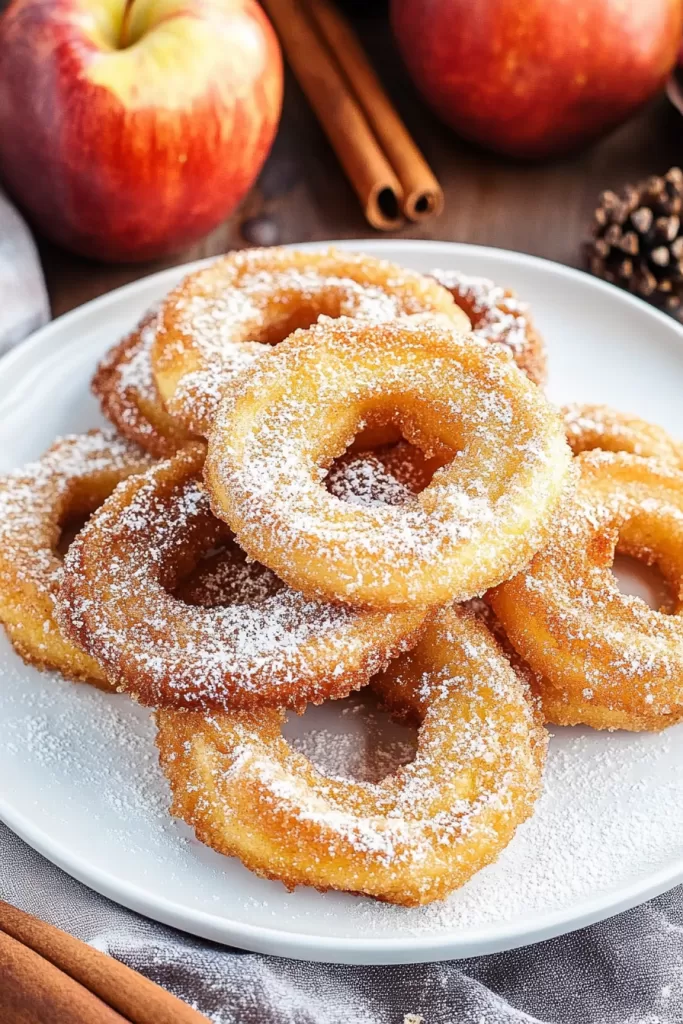 Golden, crispy apple rings dusted with powdered sugar, ready to enjoy.