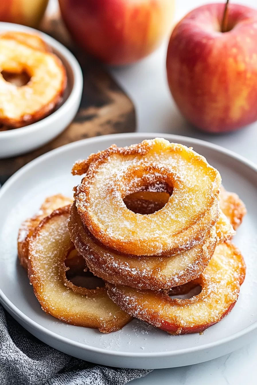 Crispy, fried apple rings sprinkled with sugar, served as a delightful snack.