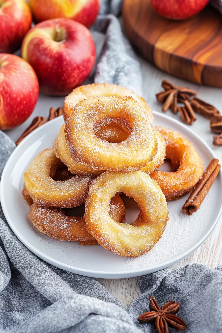 A plate of warm, crispy apple rings with a hint of cinnamon, perfect for a cozy treat.