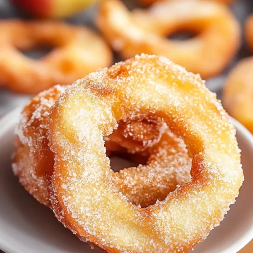 Close-up of fried apple rings with a light, crunchy coating and juicy apple centers.