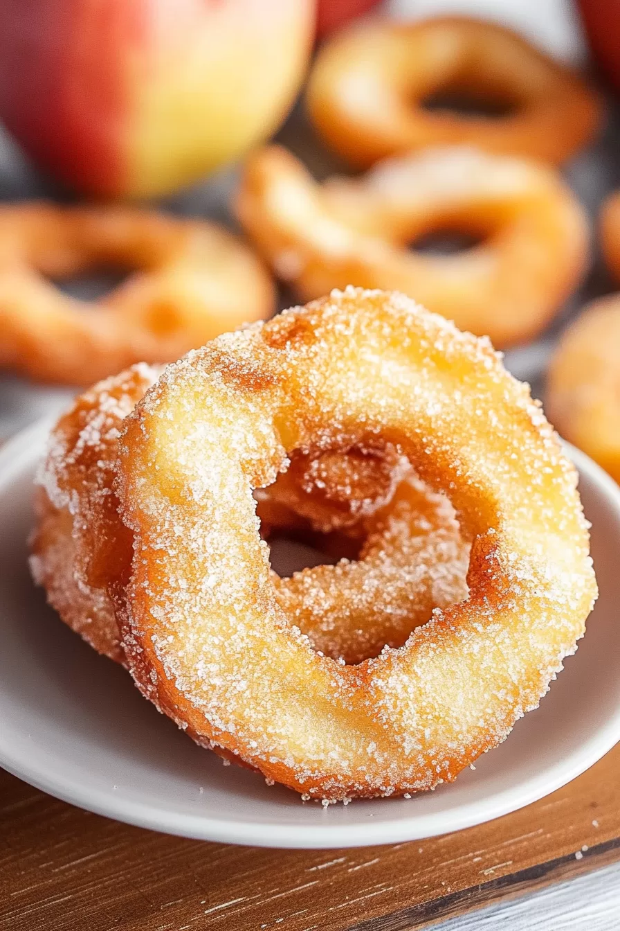 Close-up of fried apple rings with a light, crunchy coating and juicy apple centers.