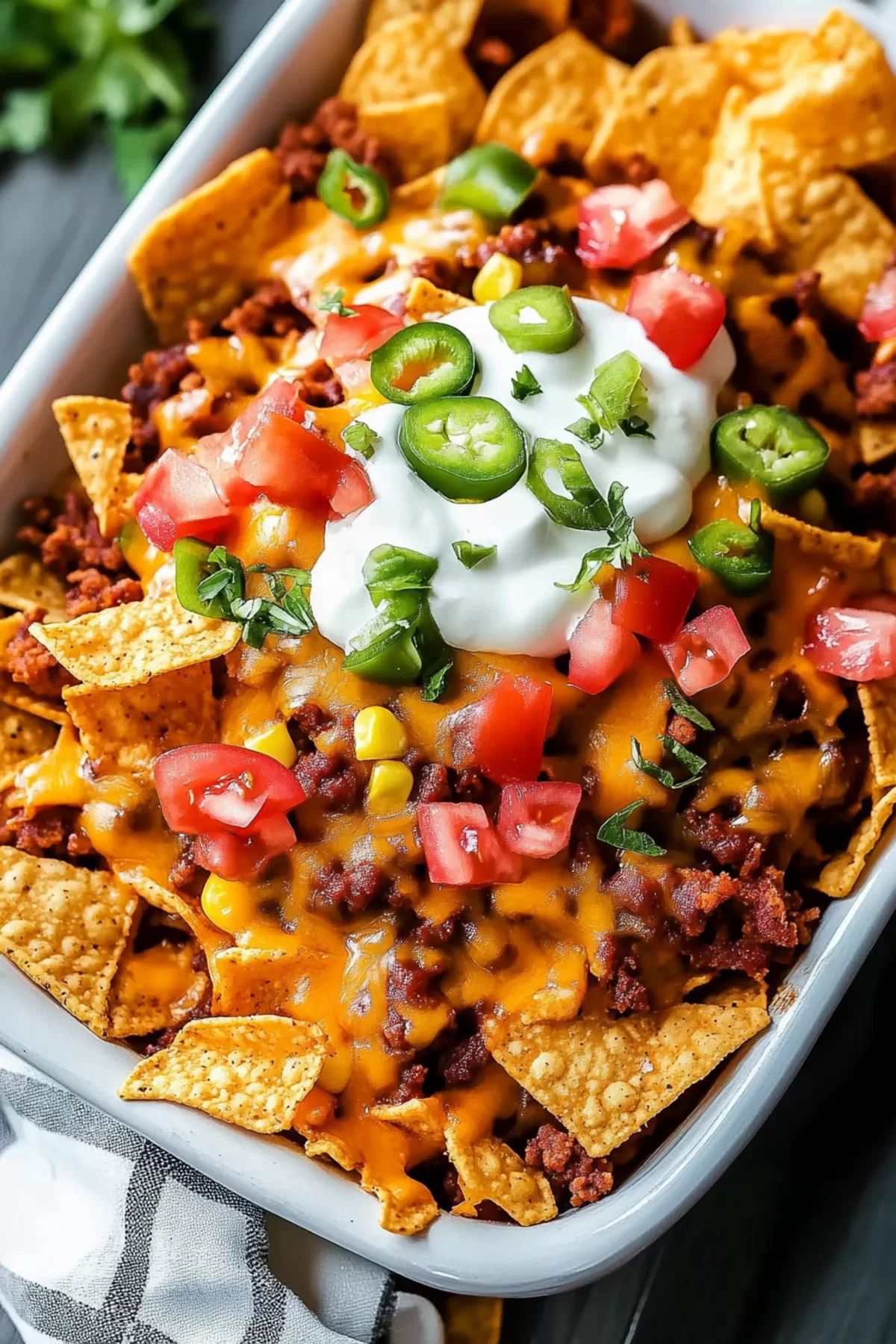 A vibrant casserole dish filled with cheesy Frito pie, topped with diced tomatoes, jalapeños, and a dollop of sour cream.