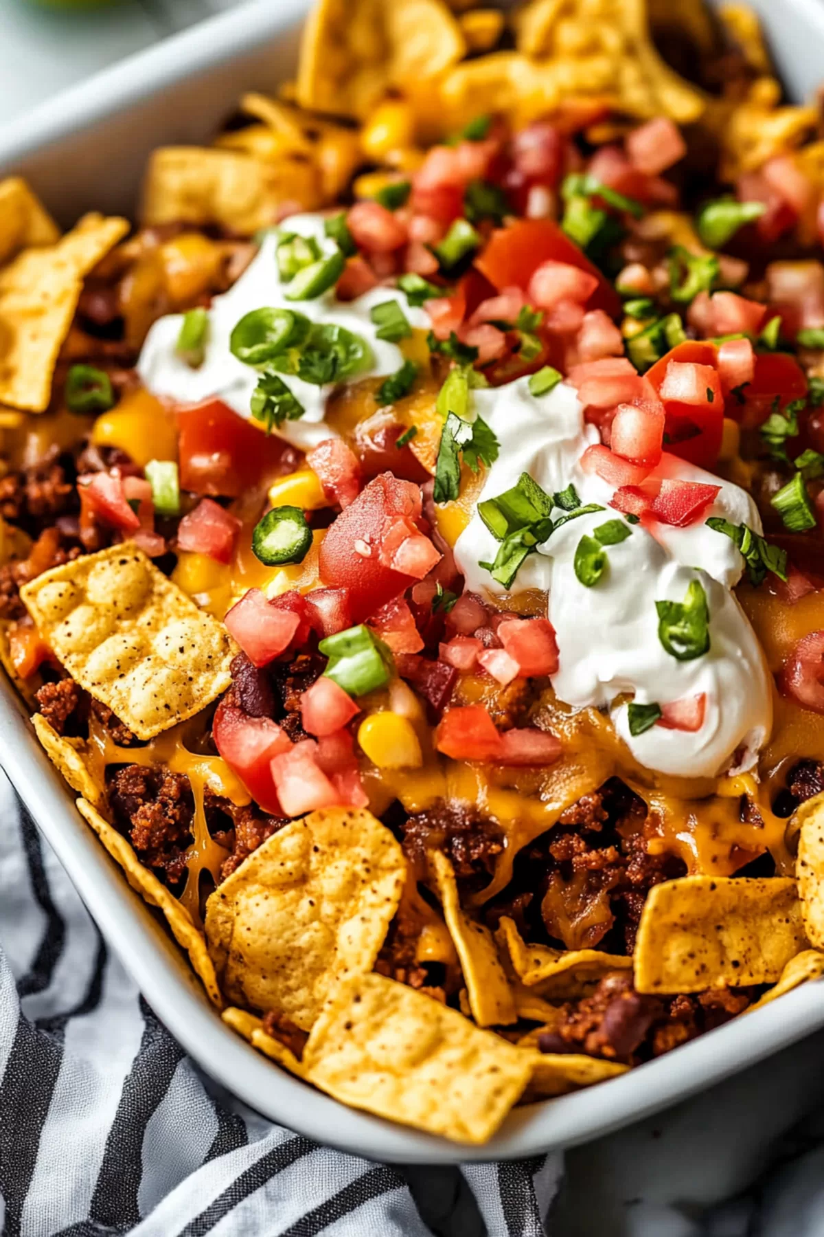 Close-up of crunchy Frito chips smothered in melted cheese, ground beef, and fresh toppings.