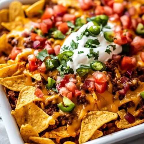 Layered Frito pie with colorful garnishes, showcasing the hearty and cheesy goodness.