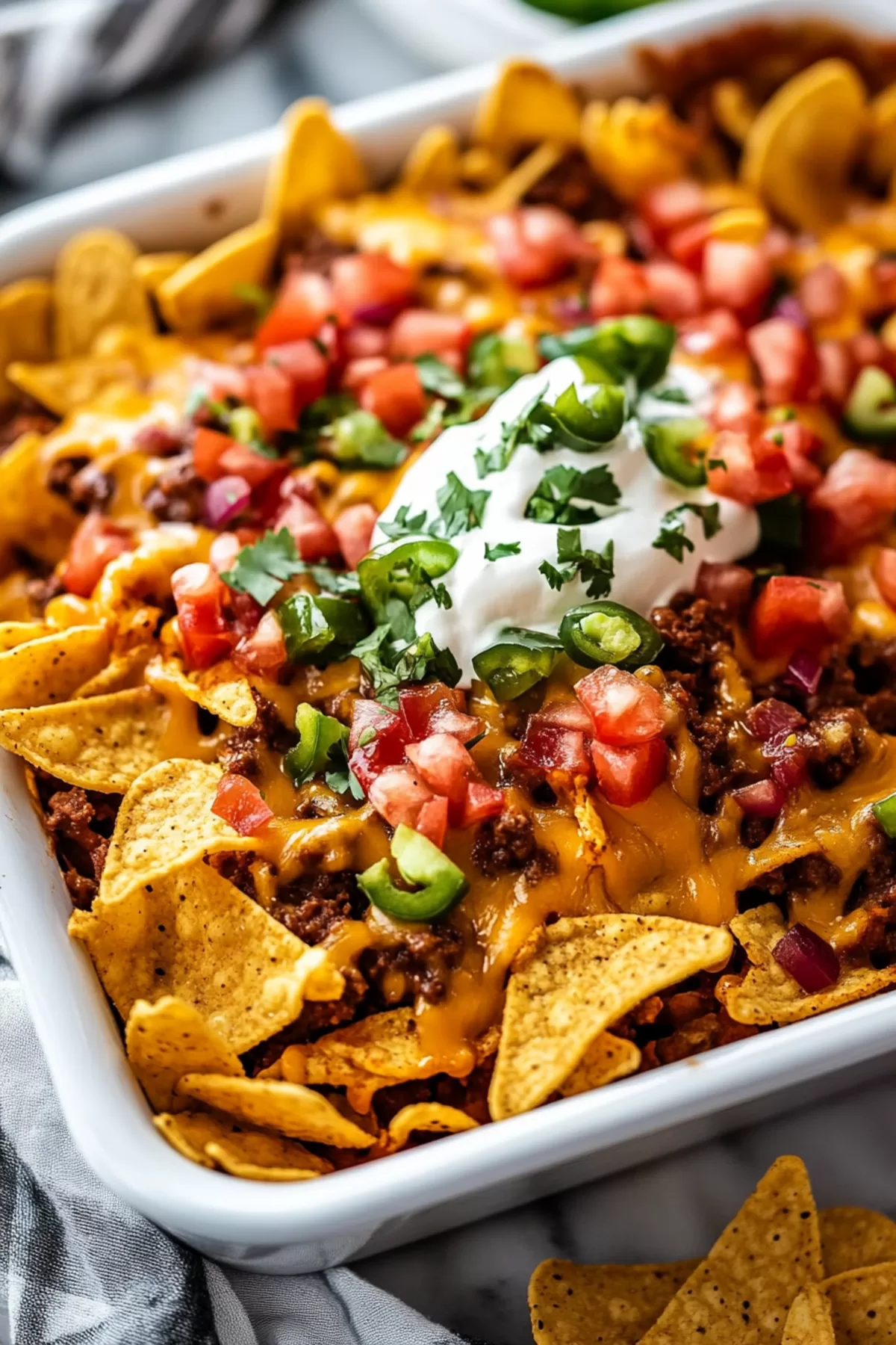 Layered Frito pie with colorful garnishes, showcasing the hearty and cheesy goodness.