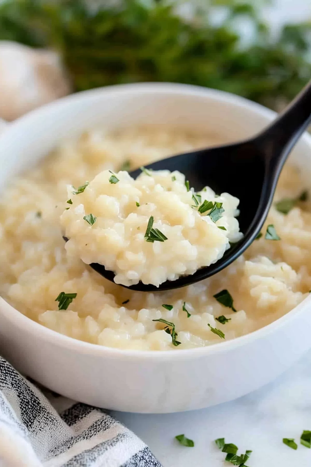 A spoonful of garlic parmesan risotto, showcasing its smooth and creamy texture.