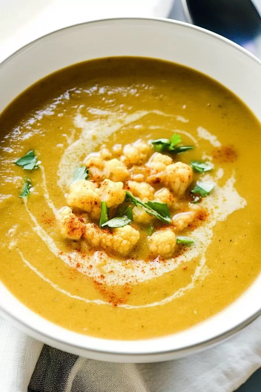 A creamy bowl of soup garnished with roasted cauliflower and fresh parsley, ready to be enjoyed.