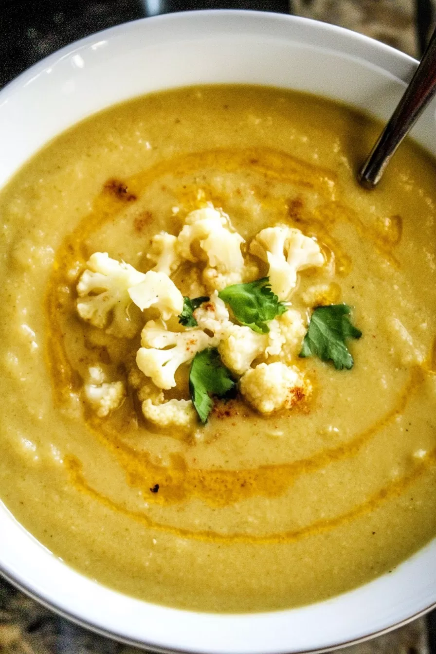 Golden cauliflower soup served with a sprinkle of paprika and fresh herbs for added flavor.