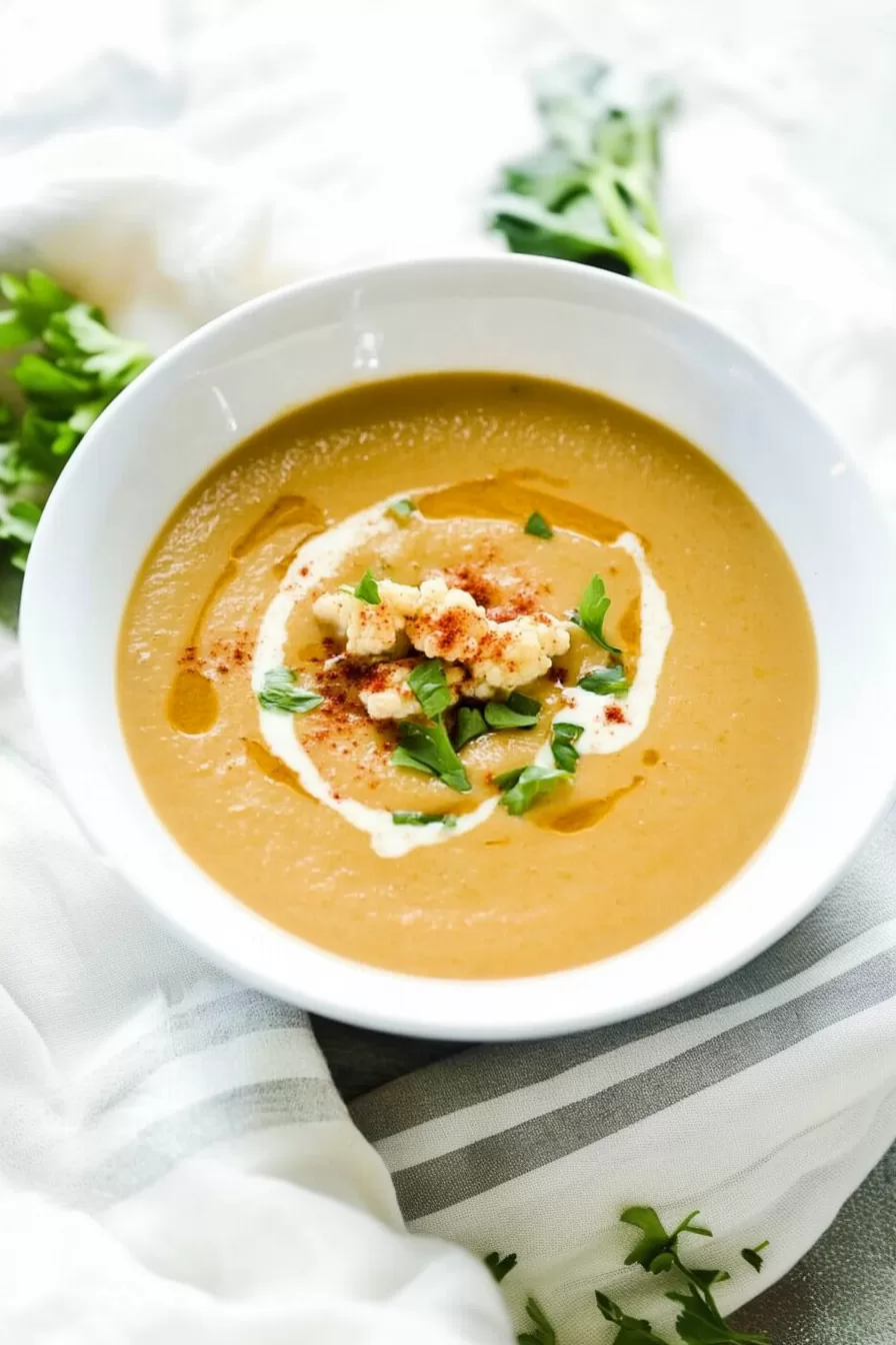 Smooth and rich soup topped with roasted cauliflower pieces and a swirl of cream.