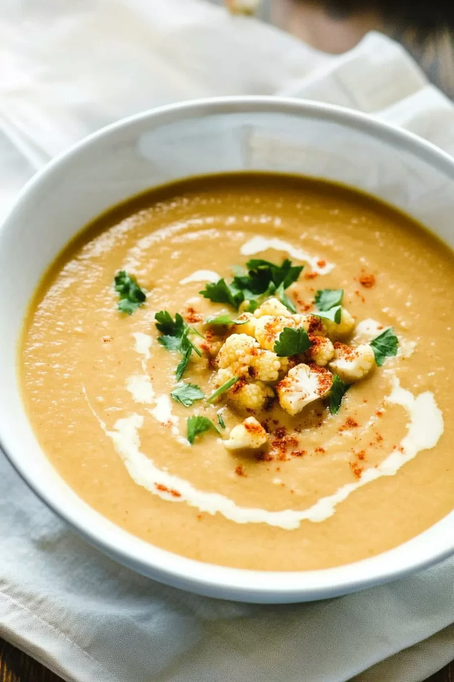 Warm and comforting cauliflower soup, beautifully presented with garnishes of fresh parsley and spice.