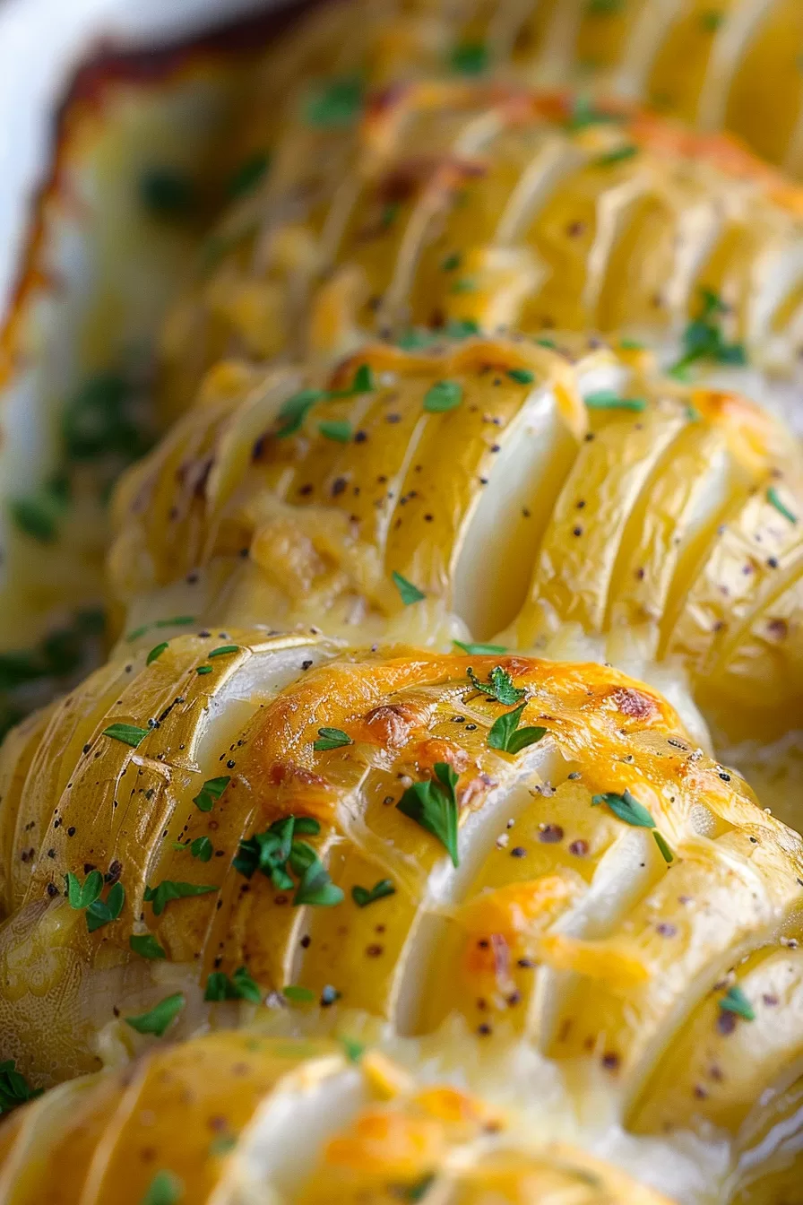 Crispy, golden layers of thinly sliced potatoes in a creamy bake, fresh from the oven.